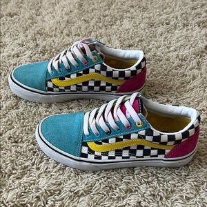 Vans Old Skool Checkerboard Sneakers in Turquoise, Pink, Yellow Size US Kids 3.5